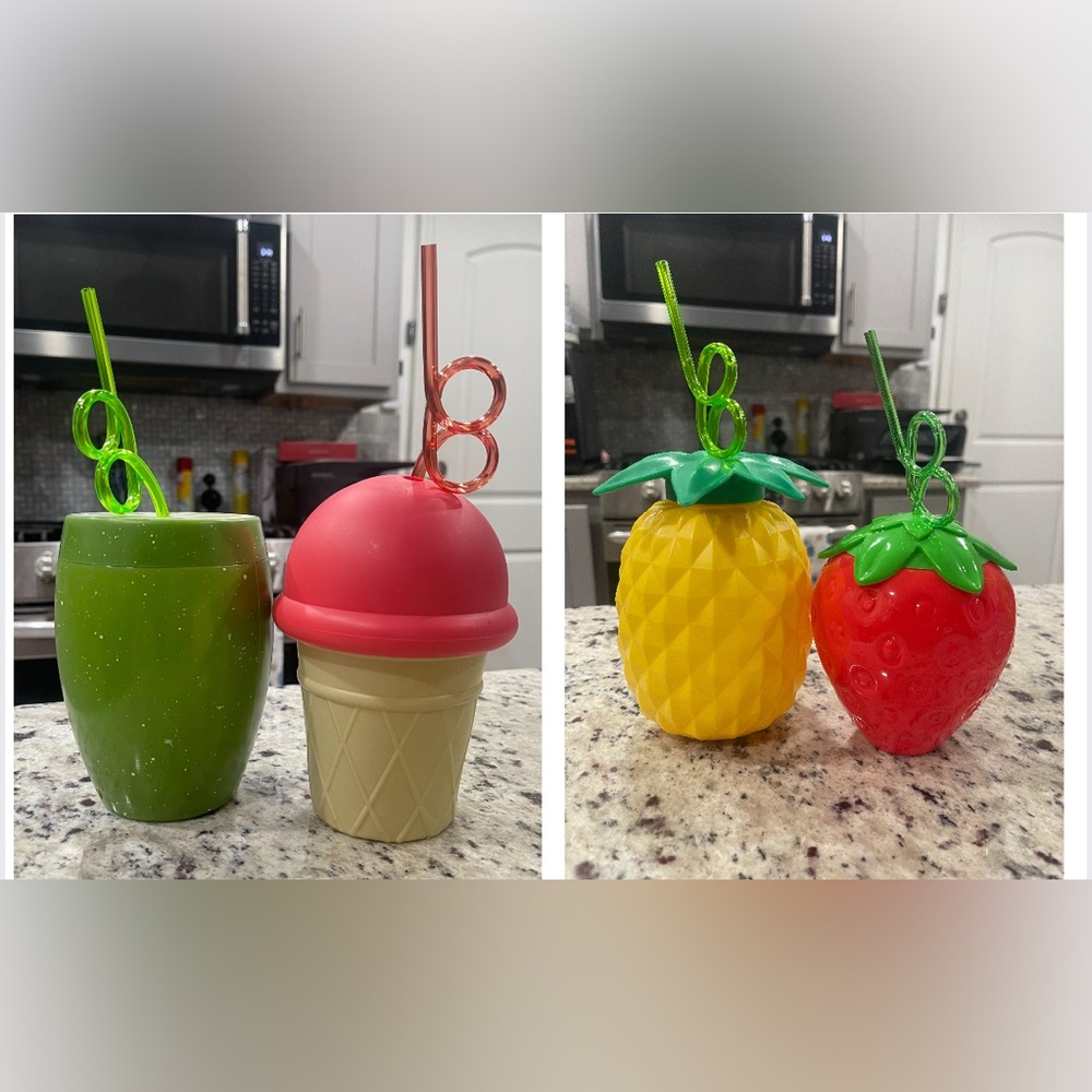 4 Plastic Summer Fun Shaped Cups with Swirly Straws Included. NWOT